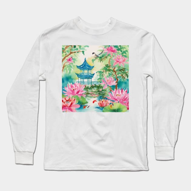 Green pagoda garden Long Sleeve T-Shirt by SophieClimaArt